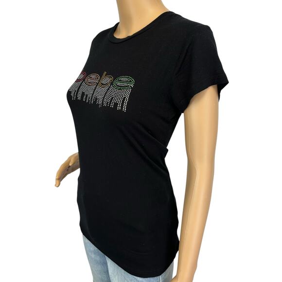2/$15 Vintage Y2K Bebe Crystal Logo Rainbow Rhinestone Top Black Spellout Size M - Picture 4 of 11